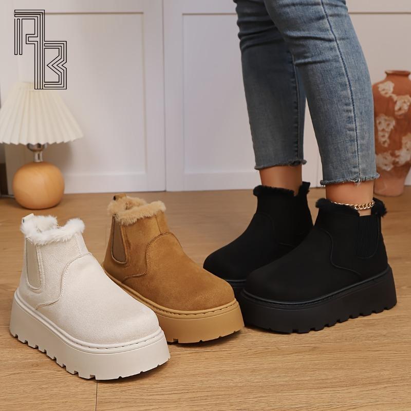Large Thick Soled Snow Boots, Winter  with Plush Warm Boots, Fashionable and Versatile Solid Color Shoes