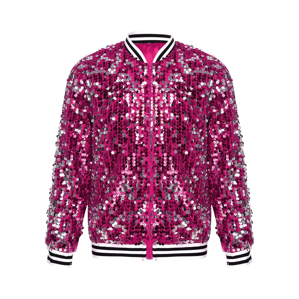 Mädchen Glitzernde Pailletten Baseballjacke Langarm Reißverschluss vorne Gestreifter Besatz Oberbekleidung Tanzparty Bomberstil Mantel