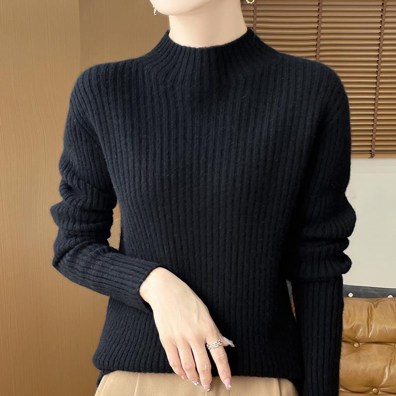 Women's 100% Pure Wool Half-High Collar Thick Knit Sweater - Warm Autumn/Winter Base Layer Pullover