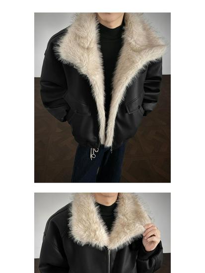 Men's Winter Thickened PU Leather Cotton Jacket with Fur and Stand Collar