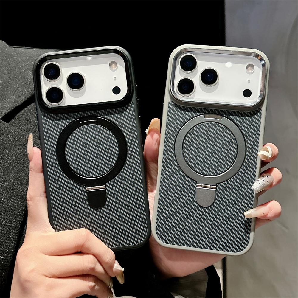 Armor Carbonfaser Magnetische Halterung Ständer Mattes Case für iPhone 17 Air 16 15 14 Plus 13 12 11 Pro Max für Magsafe Halter Abdeckung