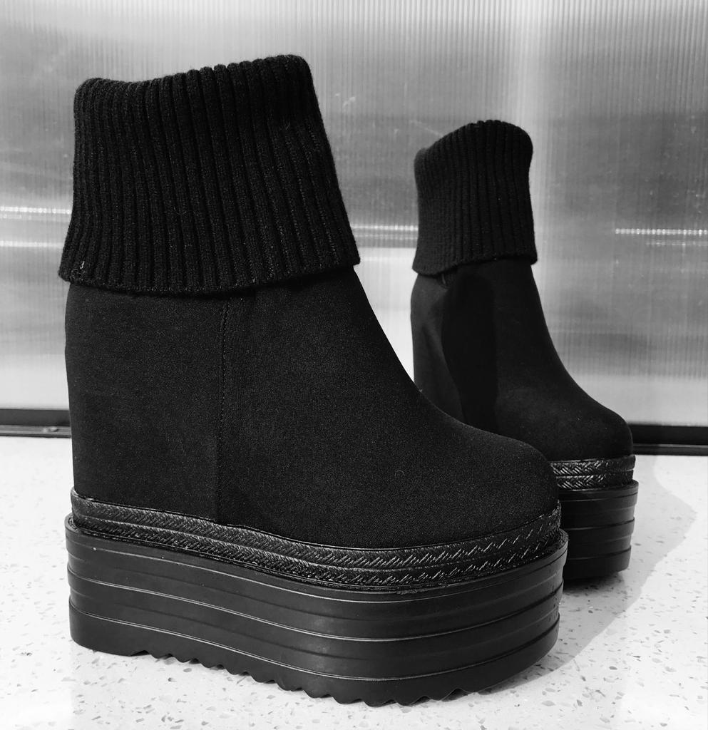 Wedges Ankle Boots White Black Rubber Sole Shoes Platform Boots Women Lacing Autumn Platform Heels Shoes Heel 14 cm  boots women