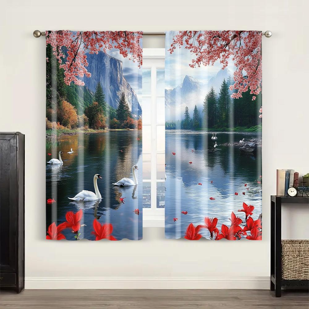 2pc,  Window Treatment Curtains The Picturesque Forest_ Swan Lake_ Seagulls_ Fish_ and Red Blooming Flower Party Blackout