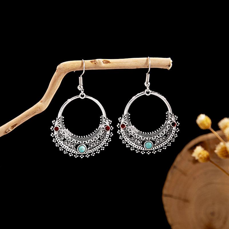 Turquoise Bohemian Owl Feather Tassel Earrings - Bronze Geometric Carved Design with Palm and Dreamcatcher Elements