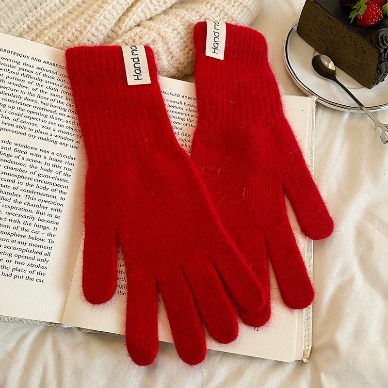 Extended rabbit fur blue knitted wool gloves for women's winter thickened warm riding