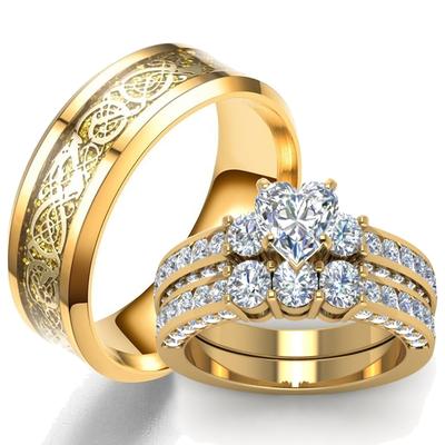 Charm Couple Rings Romantic Heart Rhinestones Women Rings Set Trendy Men 'S Stainless Steel Celtic Dragon Ring Fashion Jewelry