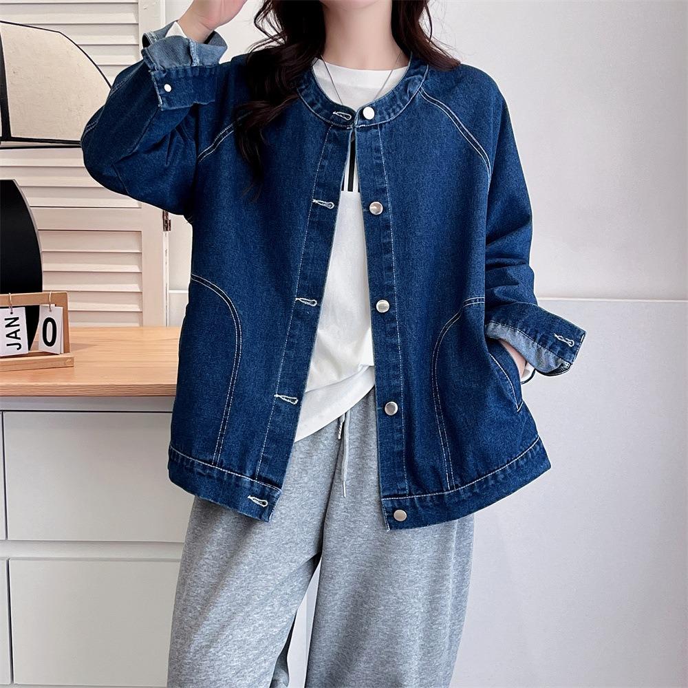 Denim Jacket Round Neck Women's Loose Pocket Fashion Denim Cardigan Jacket