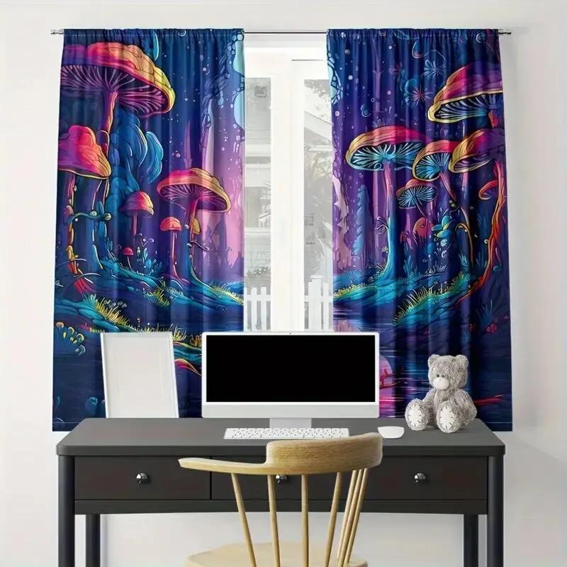 Set Of 2 Shining Mushroom Comic Pattern Printed Curtains Window Decorations Home Room Forest Curtain Polyester