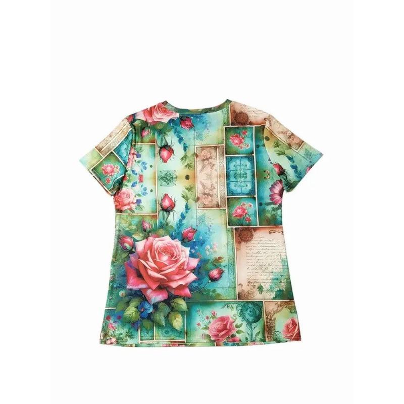 Women's Summer Round Neck Short Sleeved T-shirt with 3D Romantic Rose Print Casual Top Breathable Machine Washable Suitable for Outdoor Daily Wear
