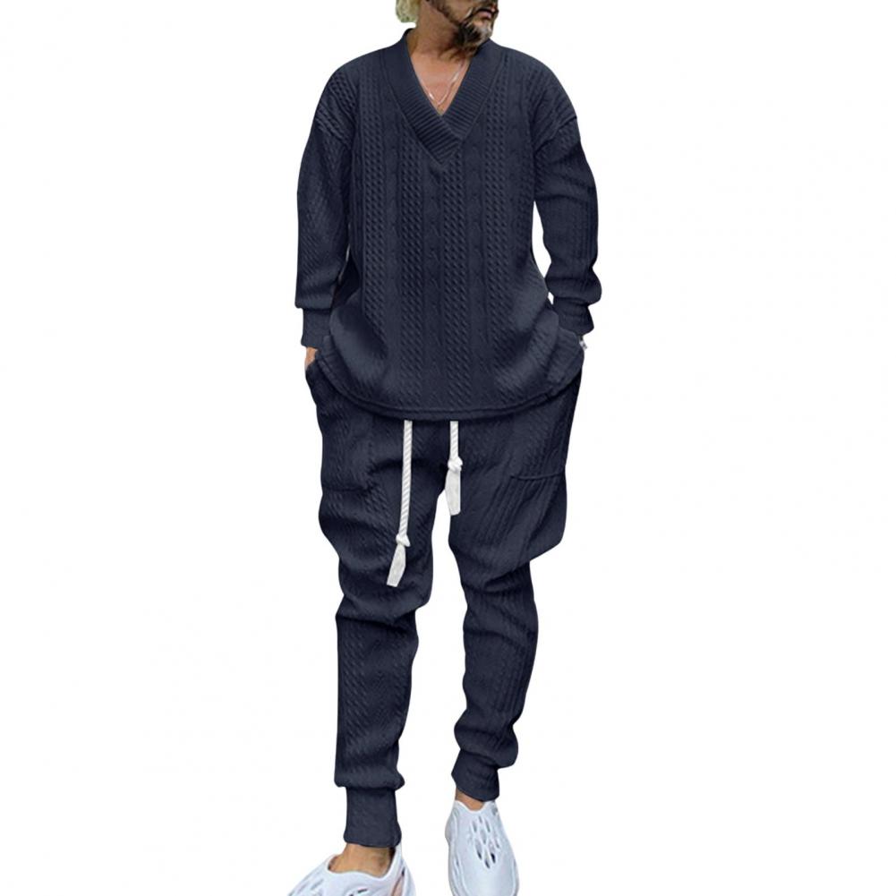 

2 шт./комплект мужской спортивный костюм с V-образным вырезом и длинными рукавами, эластичные спортивные штаны на талии с завязками и карманами, комплект с перекрученной текстурой, для отдыха M темно-синий