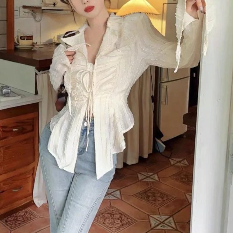 Deeptown Fairycore Lace Up Blouse Women Long Sleeve New Turn Down Collar Shirts Feminina Ladies Cropped Tops Korean Fashion Chic