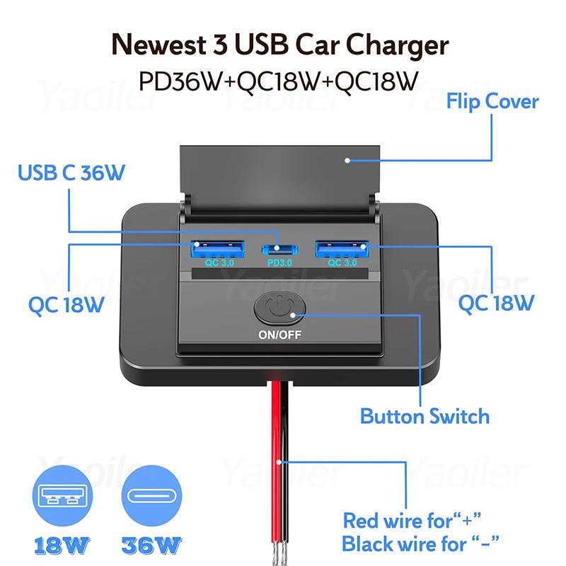 12V-24V RV USB Power Outlet 72W/90W PD3.0 USB C 36W & Dual QC3.0 18W 3-Ports Car Charger Socket Accessories for Car Bus RV Truck
