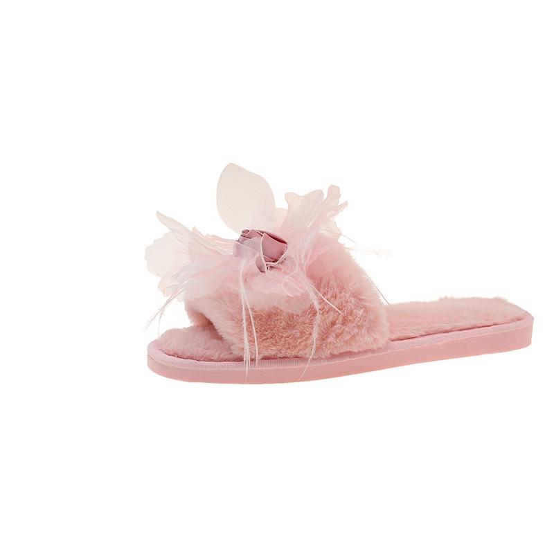 Fashion Sweet Classic Slippers Women Casual Flat Low Heels Sweet Basic Shoes Women Solid Fur Flower Slip On Winter Slides Plus Size