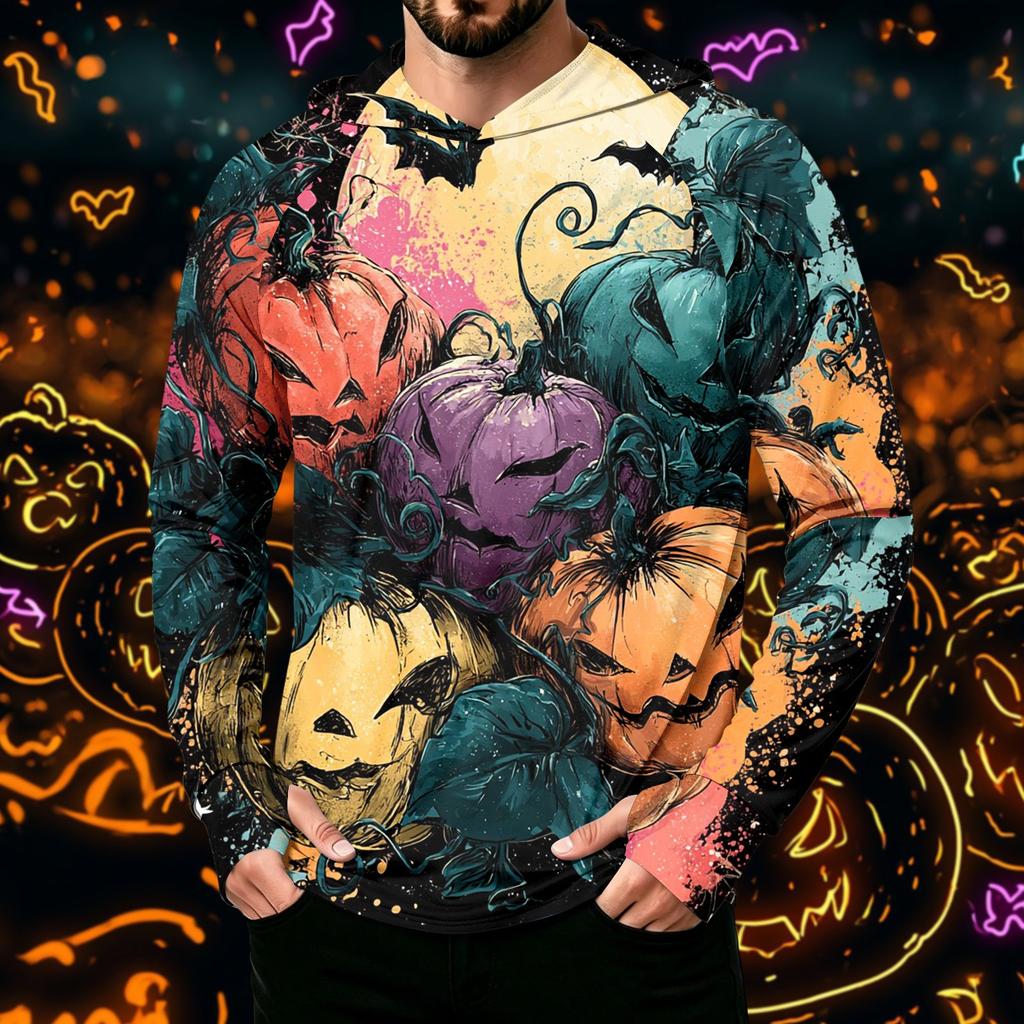 Men's Long Sleeve Hoodie Sun Shirt with Halloween Print