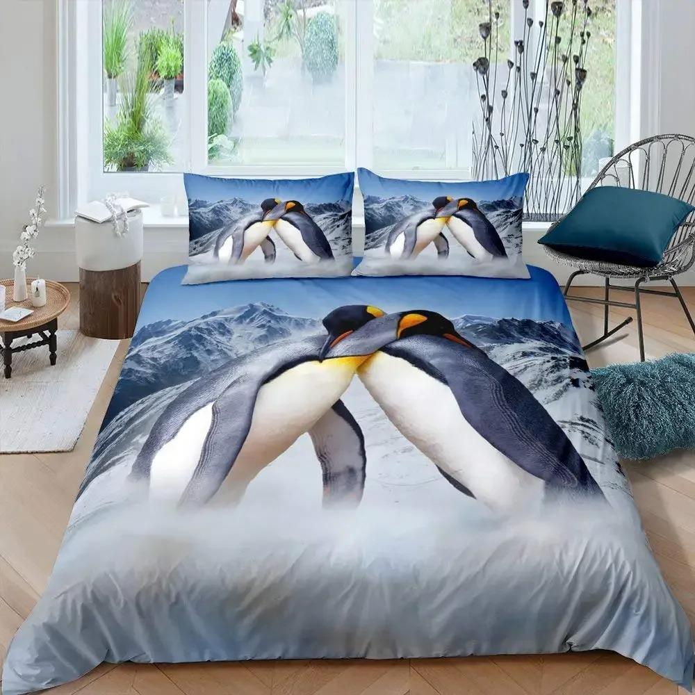 Penguin Duvet Cover Set Antarctic Animals Bedding Set For Kids Boys Girls Cartoon Style King Size Winter Theme Comforter Cover