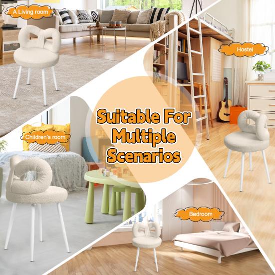 Vanity Stool with Bowknot Backrest Living Room Women Girls Bedroom Makeup Chair Adjustable Foot Pads Armless Dressing Chair Side Table Seat