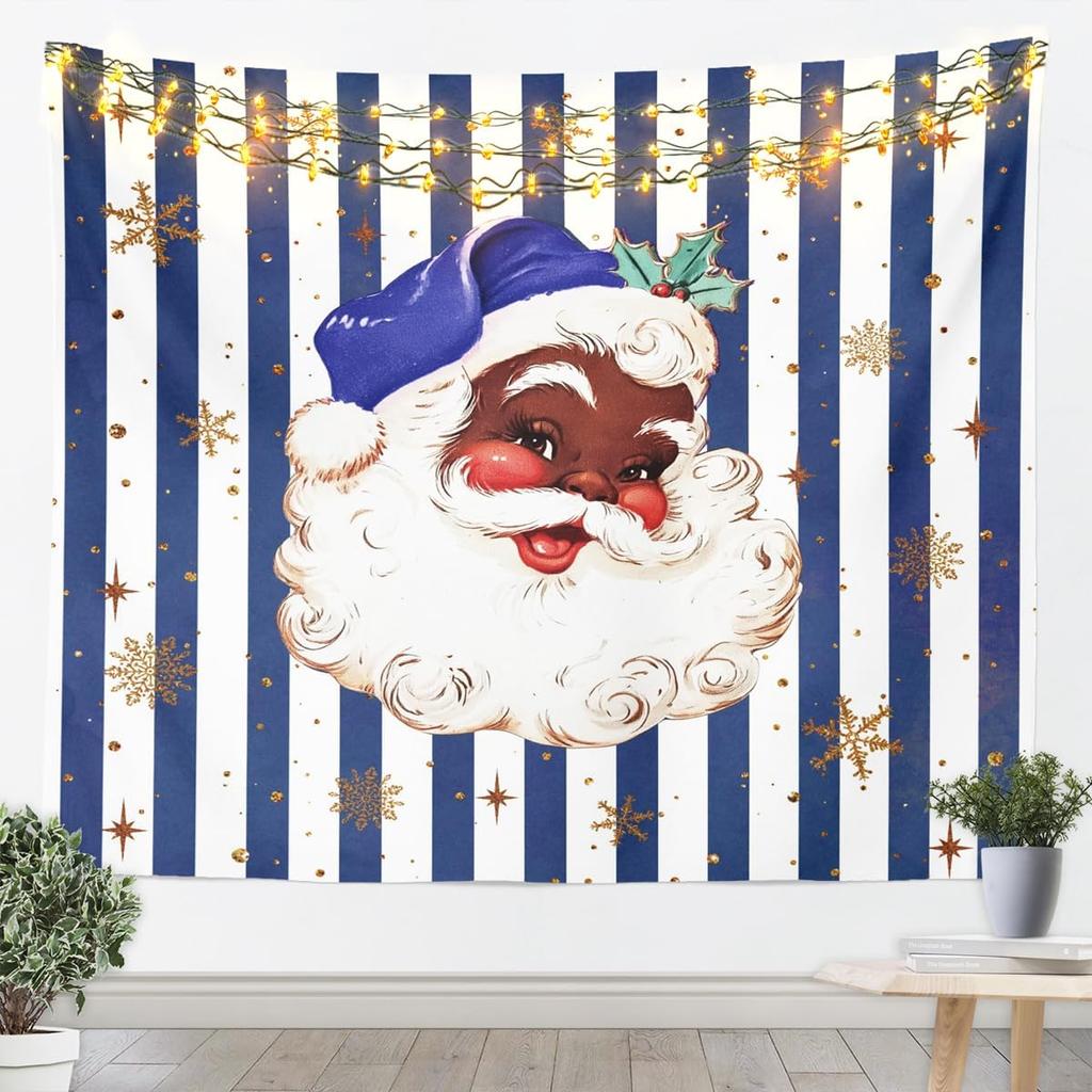 Black Santa Claus Tapestry Afro African American Wall Art Merry Christmas Wall Hanging Blanket for Living Room Bedroom Home