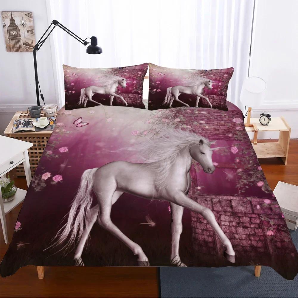 Digital Print Pink Unicorns Beding Set Princes Soft Duvet Cover Set Pilow Cover Flower Unicorn Carton Bed Linen Sets Ropa De Cama Tf85