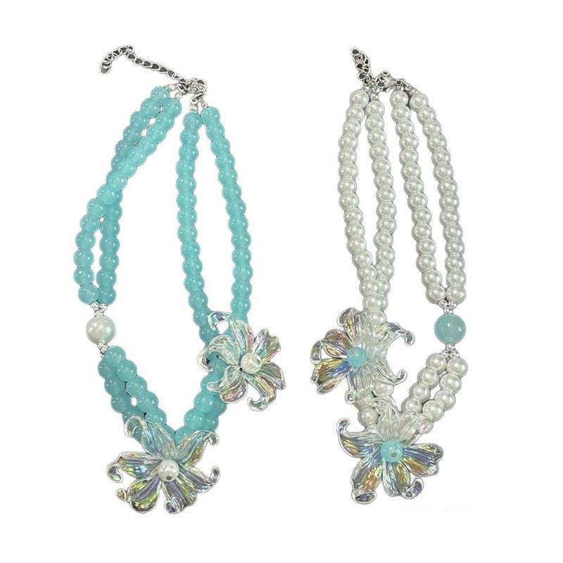 2-Layer Artificial Pearls Pendant Necklace with Flower Design, Fashionable Dainty Neck Chain Jewelry for Daily Wear