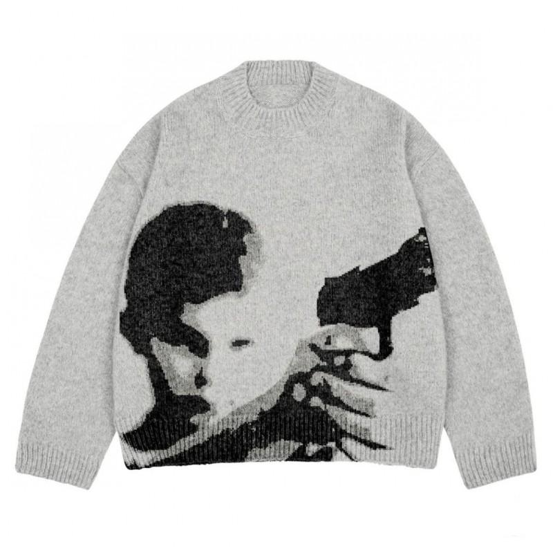 Winter Gothic Print Knit Sweater Unisex Loose Fit Long Sleeve Round Neck Streetwear