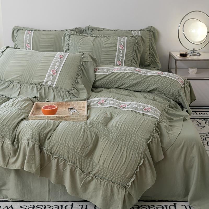 

Комплект простыней из чистого хлопка с кружевом в корейском стиле, четырехпредметный, вышитый, из жатого хлопка, для четырех сезонов 2.2m Four-piece Set