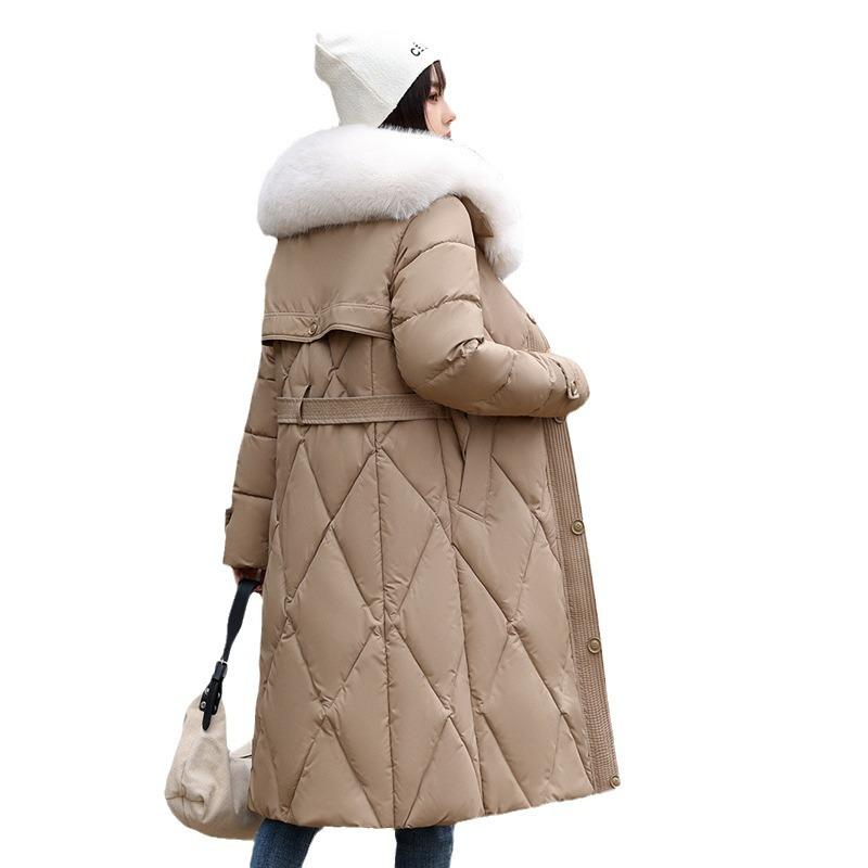 Winter Faux Fur Collar High End Knee Length Down Jacket Female Warm Long Parker Jacket Women White Duck Down Lace Up Outwears