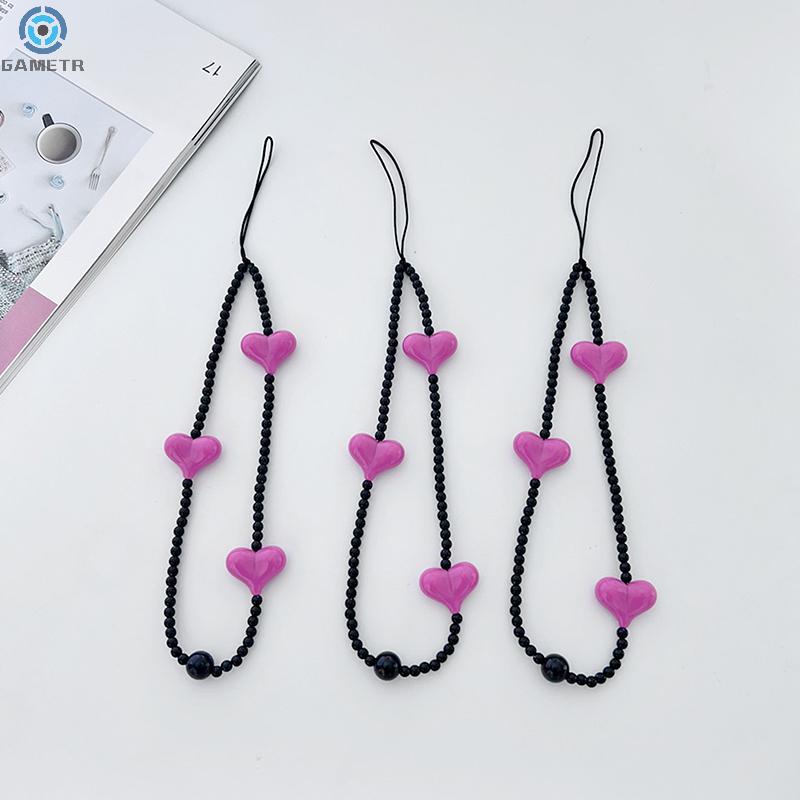 Korean Black Heart Phone Charm Straps Acrylic Beaded Cell Phone Chains Handy Wristlet String Lanyard Y2K Jewelry Accessories
