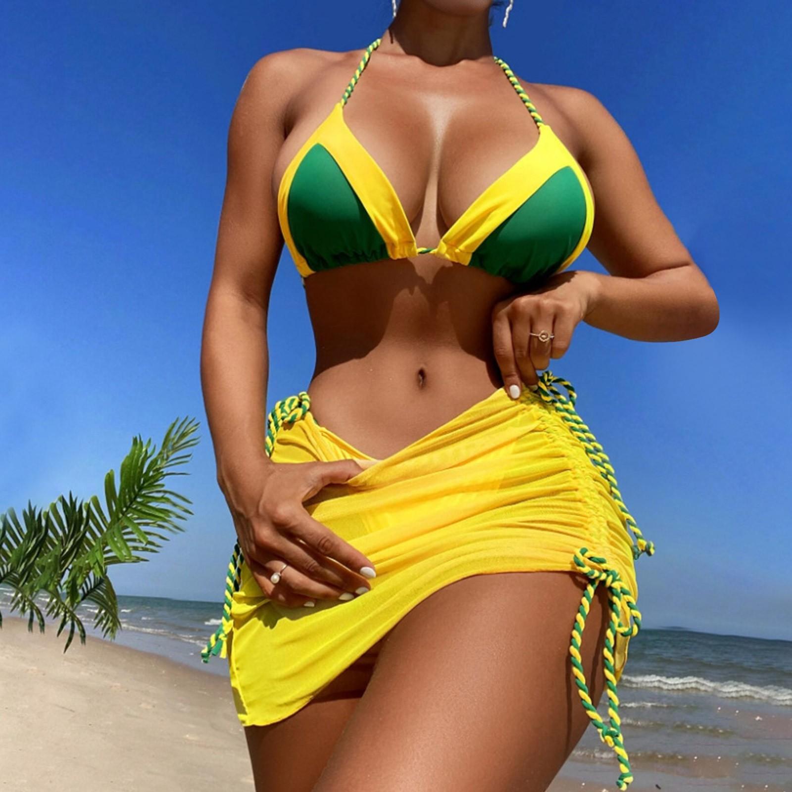 

Женский комплект бикини с высокой грудью и бретелями с принтом, двухсекционный купальник XL