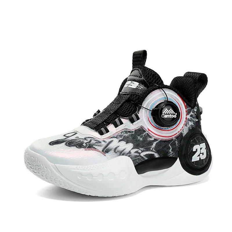 Autumn mesh lace-up-free boys' sports shoes, new rotating button, medium and large children's breathable primary school basketball shoes
