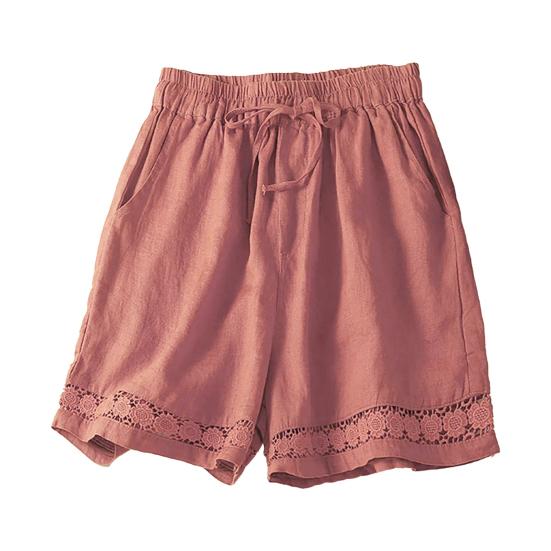 Women's Loose Boho Summer Shorts Drawstring Comfy Elastic Waist Shorts High-Waisted Wide-Leg Hollow Floral Lace Shorts