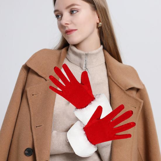 Santa Claus Gloves Christmas Red Gloves with White Fuzzy Cuffs Winter Warm Full Finger Gloves for Xmas Party Costume Accessories