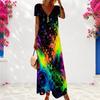Women Plus Size V Neck Short Sleeve Colorful Printed Long Maxi Dress