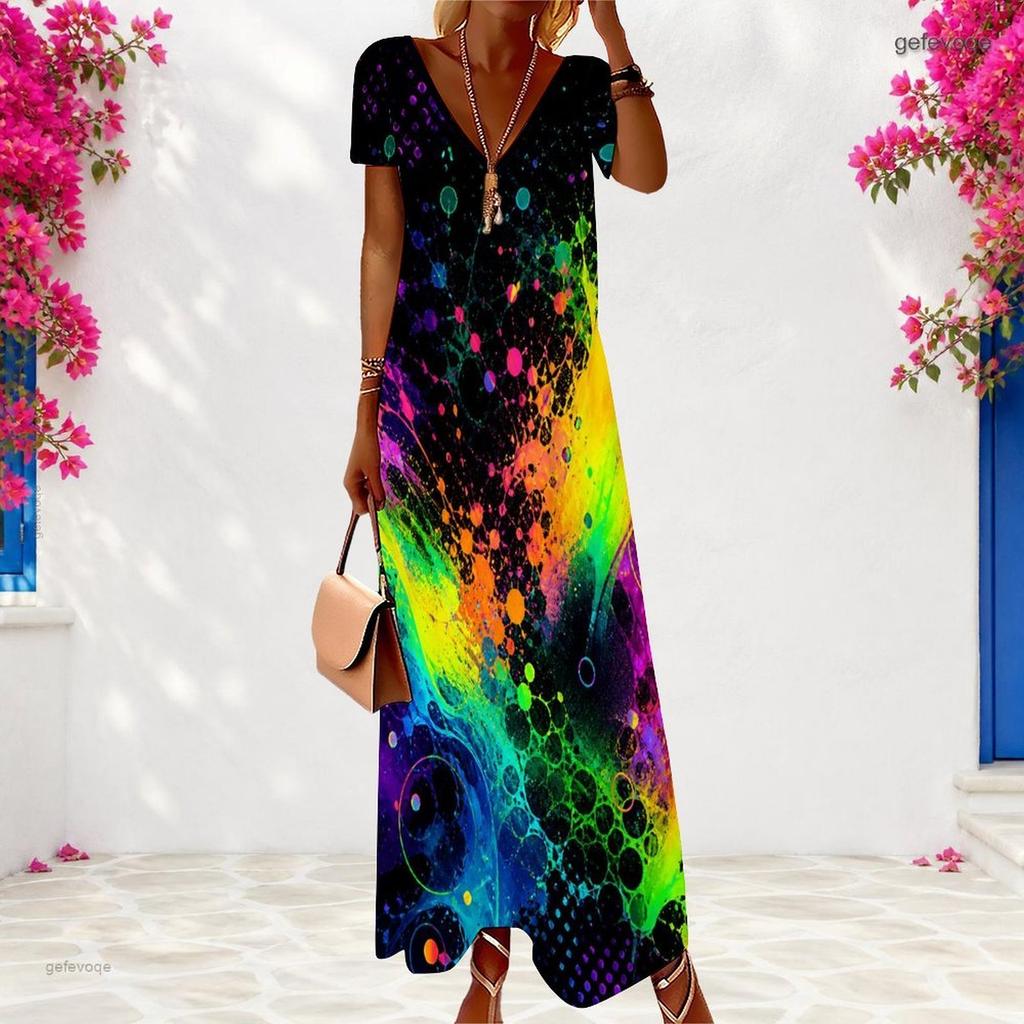 Women Plus Size V Neck Short Sleeve Colorful Printed Long Maxi Dress