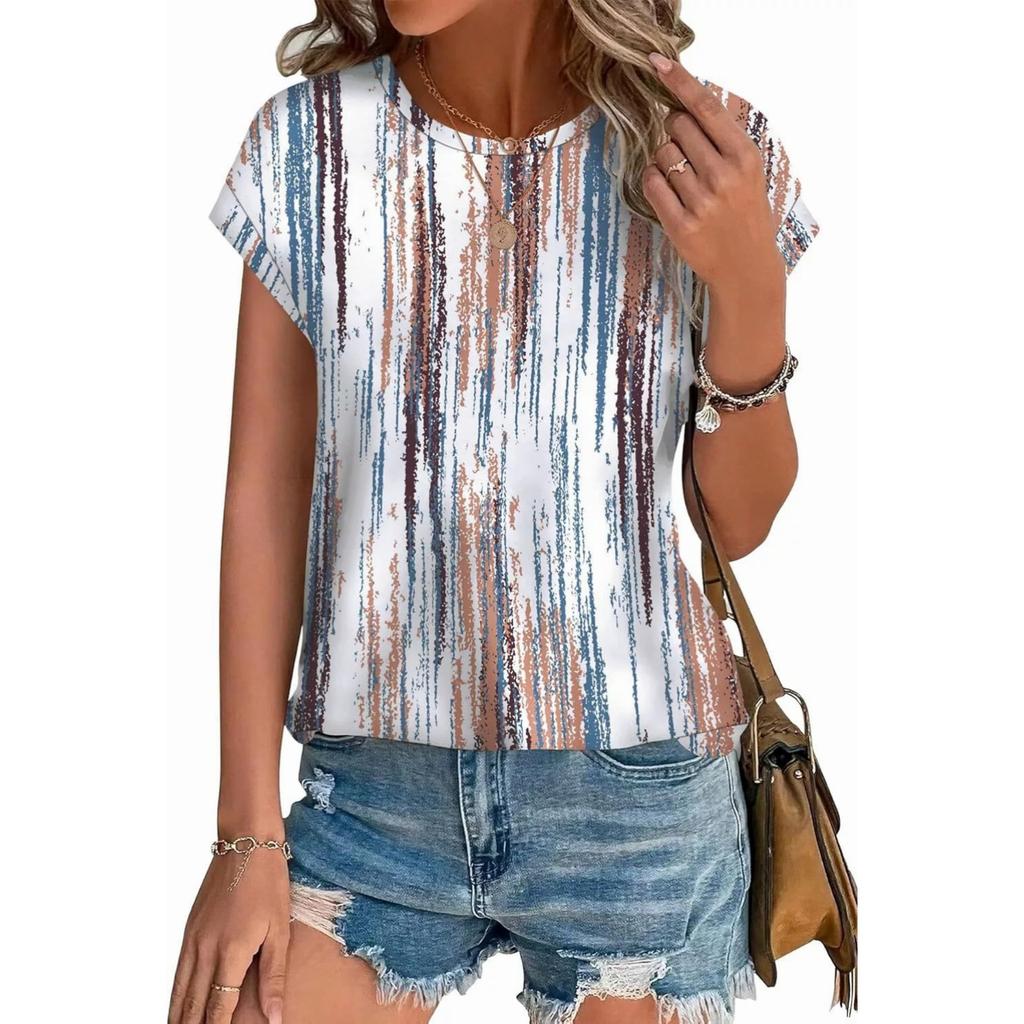 Womens Short Sleeve T-Shirt Tops Dressy Ladies Casual Printed Basics Crew Neck Summer Tee Shirts 2025 New