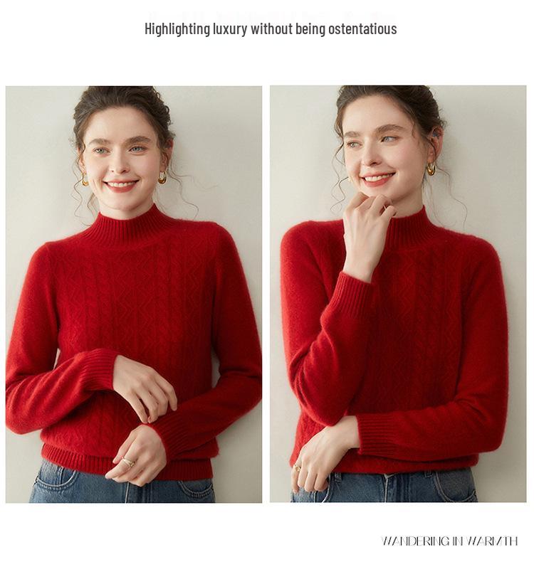 Women's Cashmere Half-High Neck Sweater, Autumn/Winter 2025, Seven-Needle Cable Knit, Loose Fit, Versatile Pullover.
