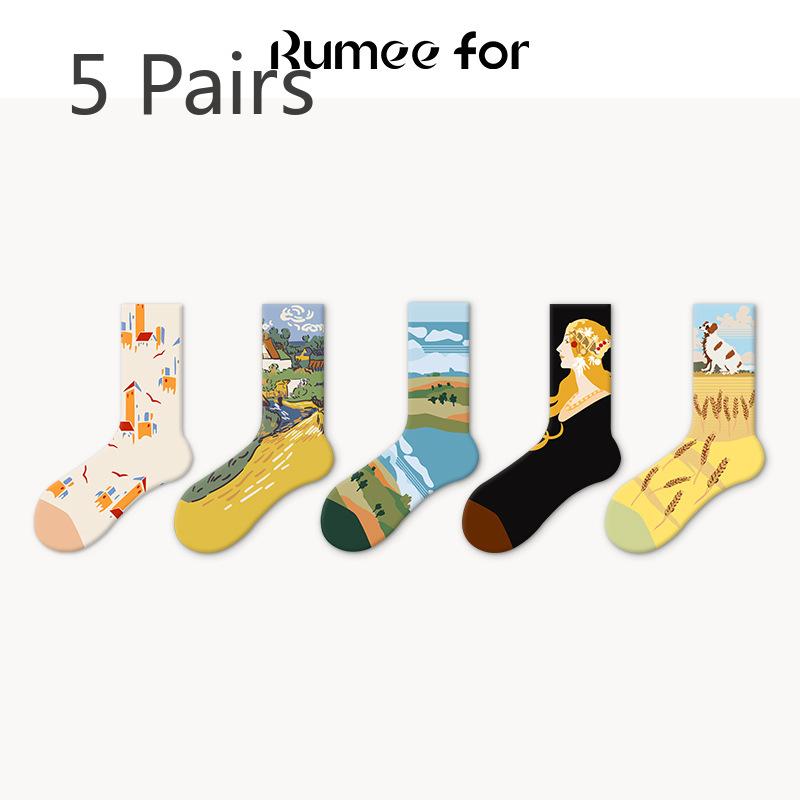 5 Pairs of Women Retro Personality Skateboards Wearing Mid Tube Socks