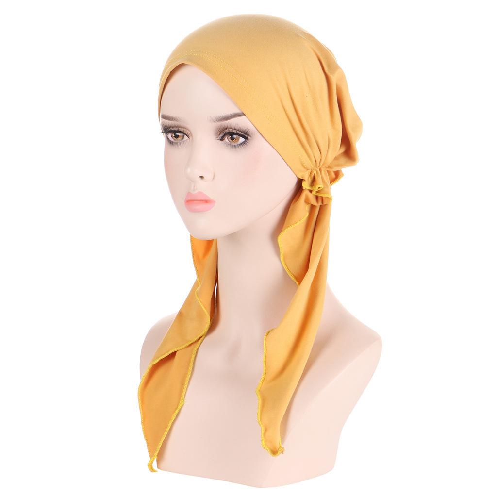 Solid Color Muslim Fashion Hijabs Turban Bonnet Long Tail Head Wraps Elastic Hijab Hats Breathable Chemo Cap For Women Girls