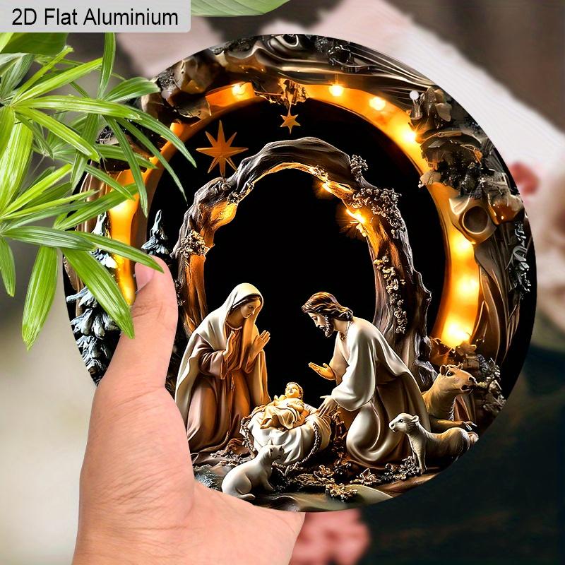 2D Flat Aluminium Nativity Christmas Sign - Holy Night Figurine Ornaments with Jesus - Aluminium Manger Sign - Ideal for Front Door, Wall, Porch