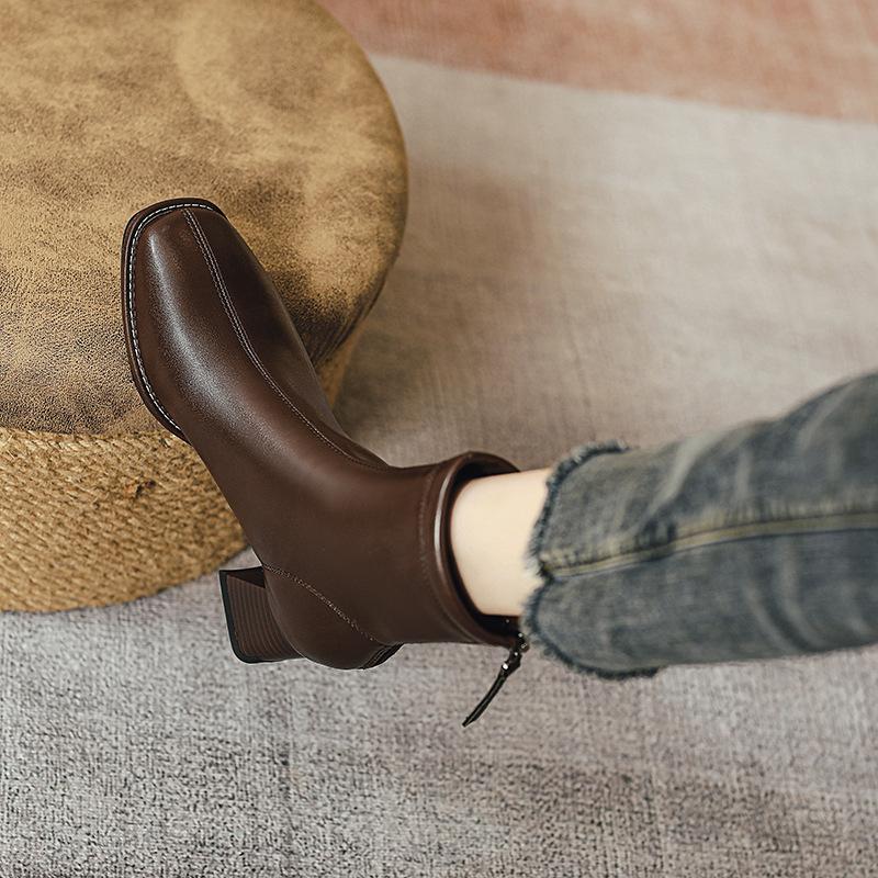 Square Head Short Boots Women's Single Boots New Autumn and Winter Boots Soft Leather Rear Zipper Middle Heel Medium Tube Thin Boots