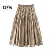 Women Midi Skirt Plaid Print Stitching Design A-Line Skirt Elastic High Waist Retro Style Swing Skirt Daily Wear