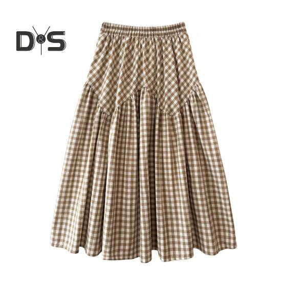 Women Midi Skirt Plaid Print Stitching Design A-Line Skirt Elastic High Waist Retro Style Swing Skirt Daily Wear
