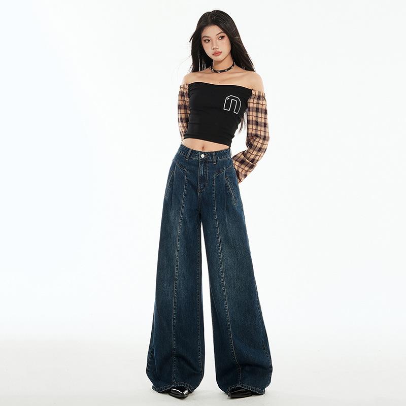 Women's Autumn High-Waisted Hong Kong Style Floor-Sweeping Loose Jeans