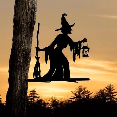 Witch Lantern On Branch Steel Silhouette Metal Wall Art - Perfect Outdoor Decoration for Home Garden, Yard, Patio