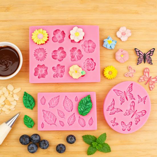 Yousheng 3Pcs Flower Leaf Butterfly Silicone Mold for Cake Decorating DIY Chocolate Candy Fondant Craft Baking Mold Flexible Easy Release Jelly