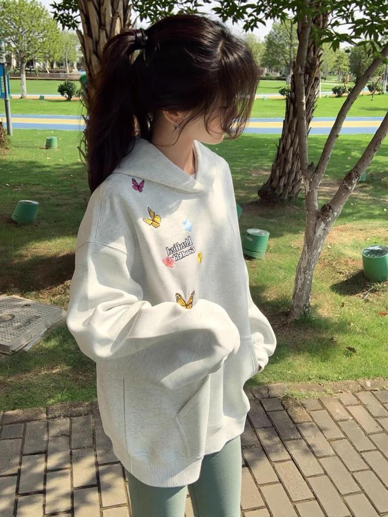 Damen Retro Schmetterlingsstickerei Kapuzensweatshirt - Herbst/Winter 2025 Trend