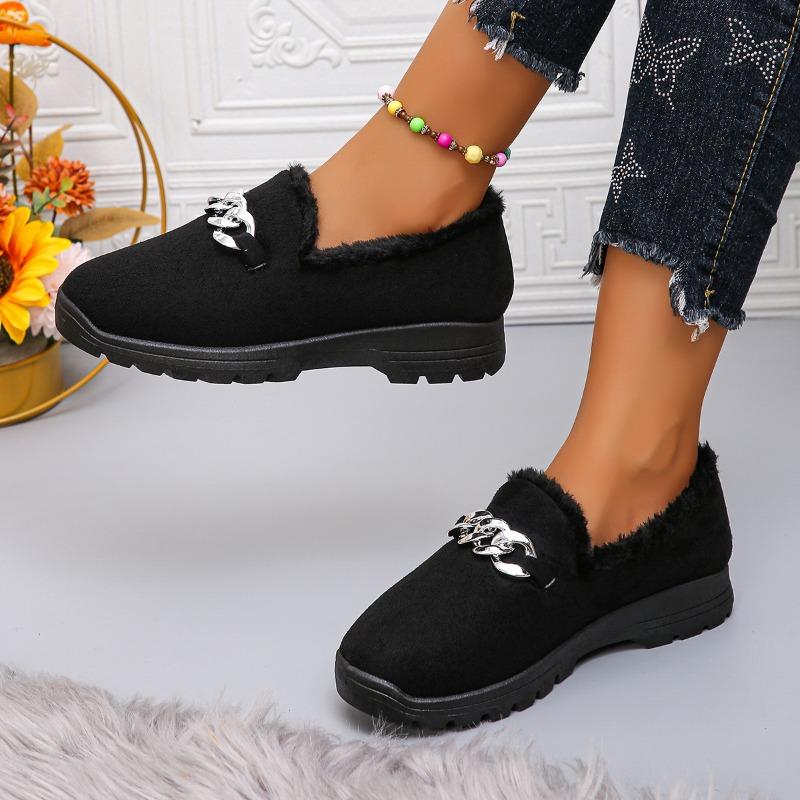 Fashion Women's Thick Plush Flat Shoes 2024 Autumn and Winter Solid Color Soft Sole Slip-On Loafers Comfortable Warm Casual Shoes