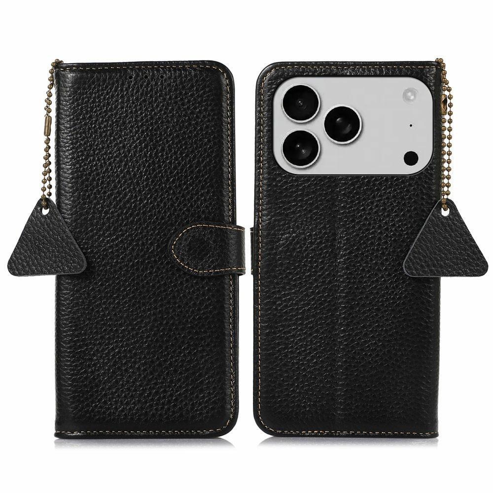For iPhone 17 Pro Case RFID Blocking Genuine Cow Leather Phone Cover Litchi Texture