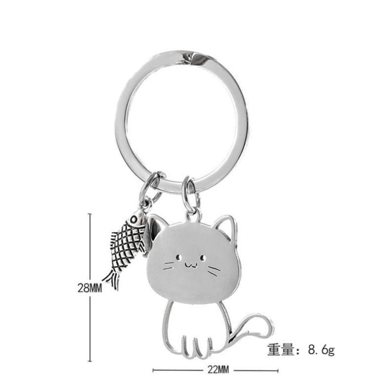 Cat Eating Fish Stainless Steel Cute Cartoon Cat Keychain