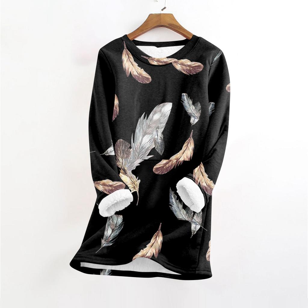 Women's Fashionable Printed Round Neck Long Sleeved Plush Warm Pullover Top