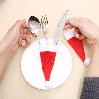 Festive Christmas Table Set: Non-Woven Hat Utensil Cover and Wine Bottle Wrap with Table Cloth